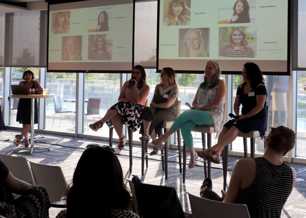 Panelists speak to those who attended Kansas City Women in Technology’s May 2019 Tech Talk on remote work at Children’s Mercy Park.